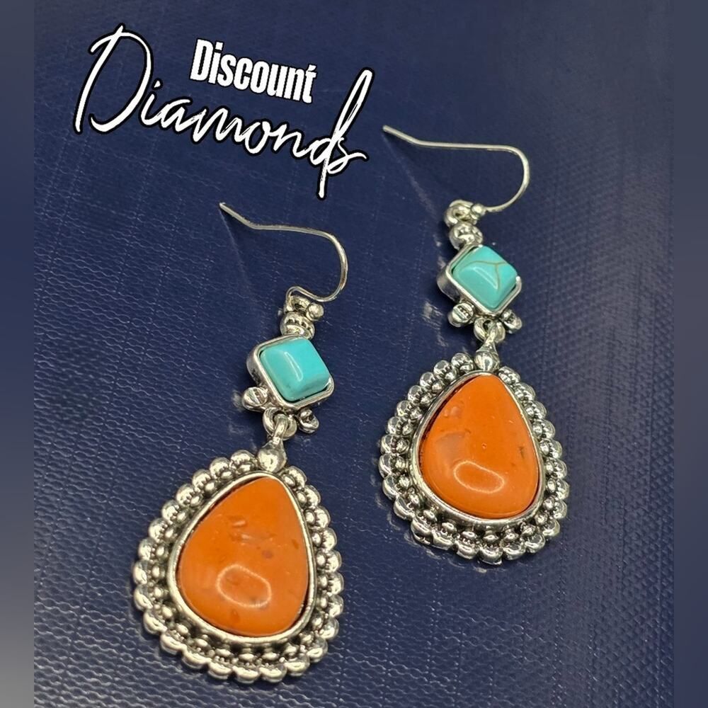 Vintage Orange & BlueTurquoise Drop Dangle Hook Earrings on 925 Silver